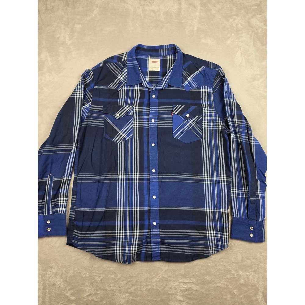 Levi's Flannel Western Shirt Mens XXL Blue Plaid Pearl Snap Long Sleeve